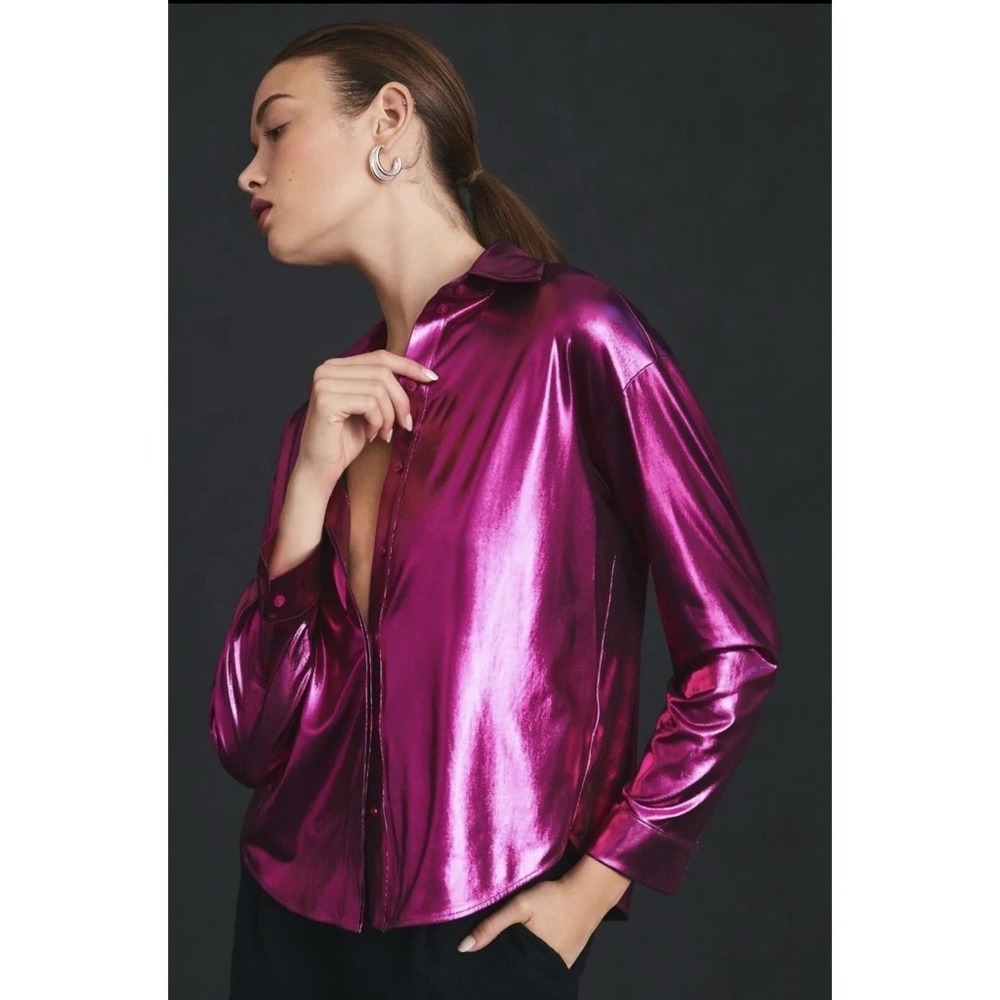 By ANTHROPOLOGIE Magenta Pink Shimmer Shine Lamé Buttondown Top Blouse X-Small - Picture 6 of 16